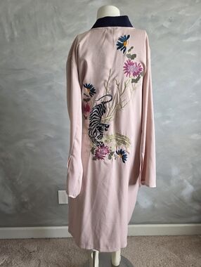 Topshop Tiger Flower Wrap Embroidered Kimono Duster Sz 10 Pale Nude Blue Trim